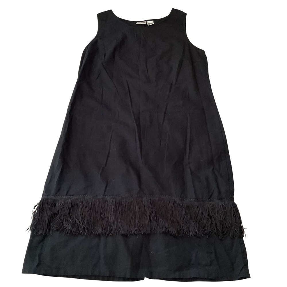 Liz Baker Black Linen Blend Fringe Trim Sleeveless Shift Dress‎ Large RN 93677